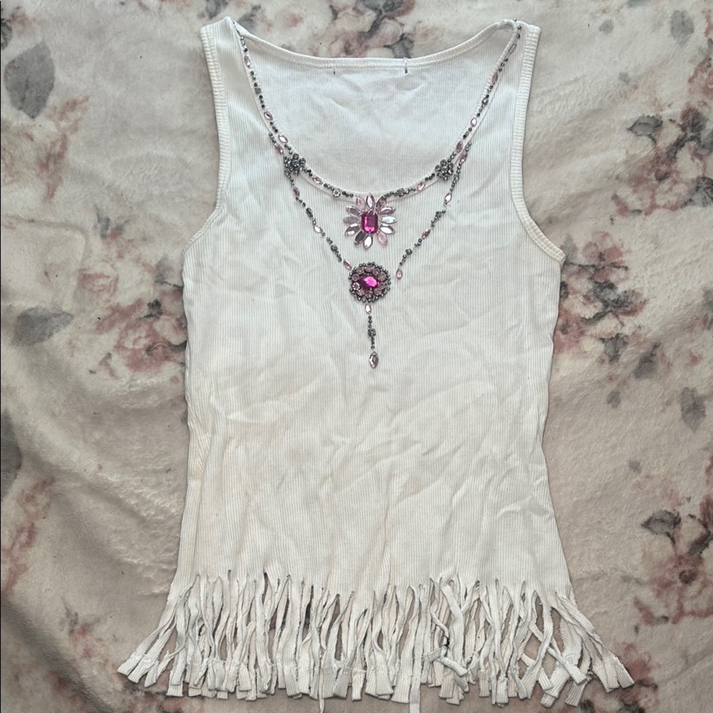 White Sleeveless Fringe Top with Necklace Detail